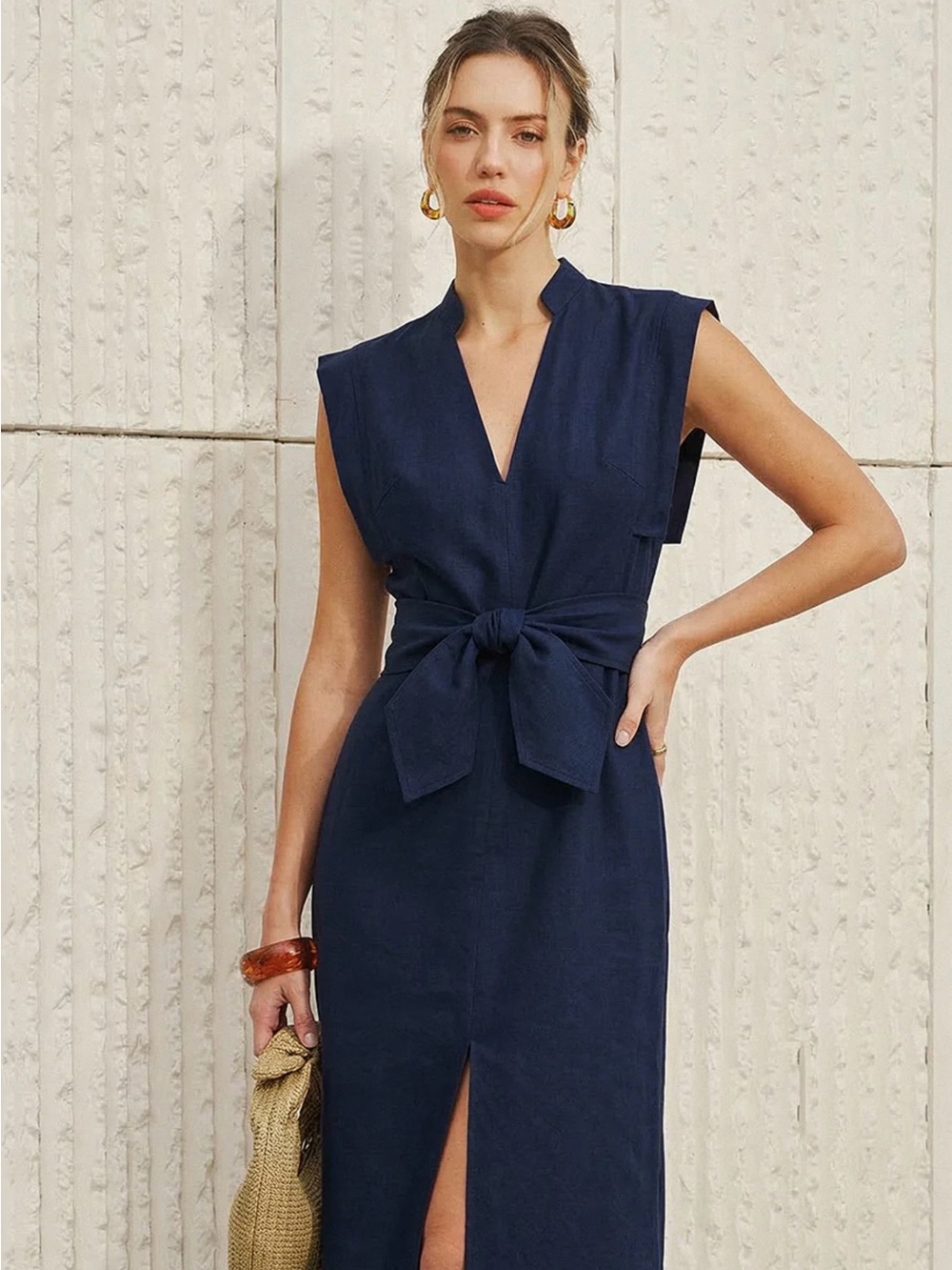 Commense Cotton-Linen Sleeveless V-Neck Bow Split Dress  Navy - XL